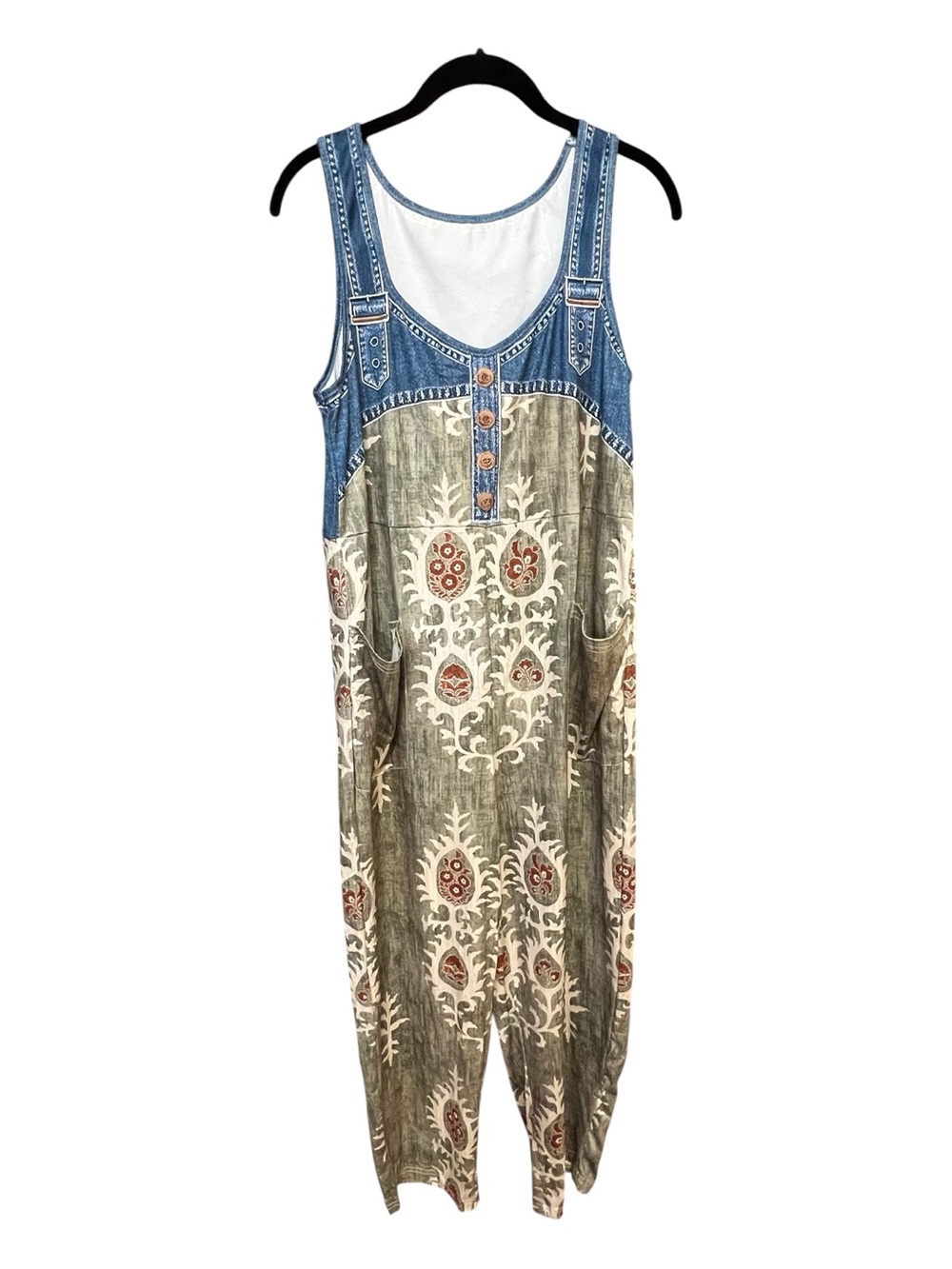 🆕 NWOT Graphic Print Jumpsuit Faux Denim Detail | Size Large